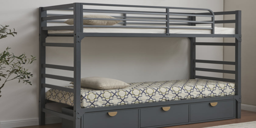 A bunk bed with drawers and a mattress, providing space-saving and functional sleeping arrangements.