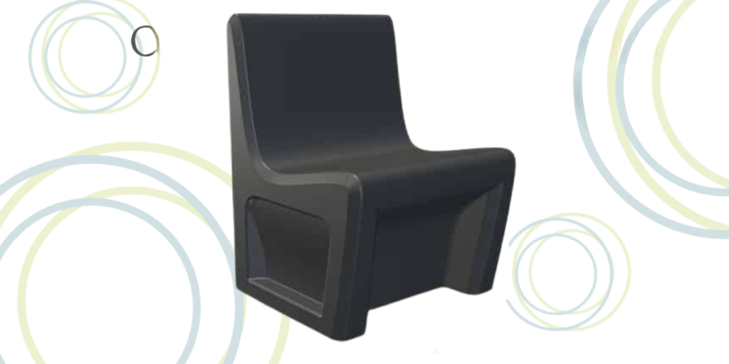 Ligature resistant black plastic chair featuring circular design for safety.