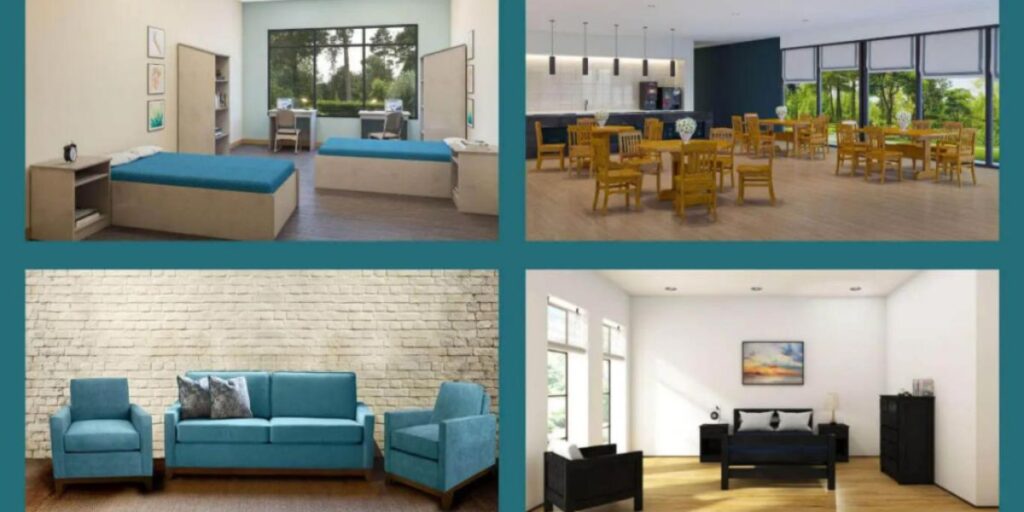 Four types of furniture in a room: a sofa, a coffee table, a bookshelf, and a desk.