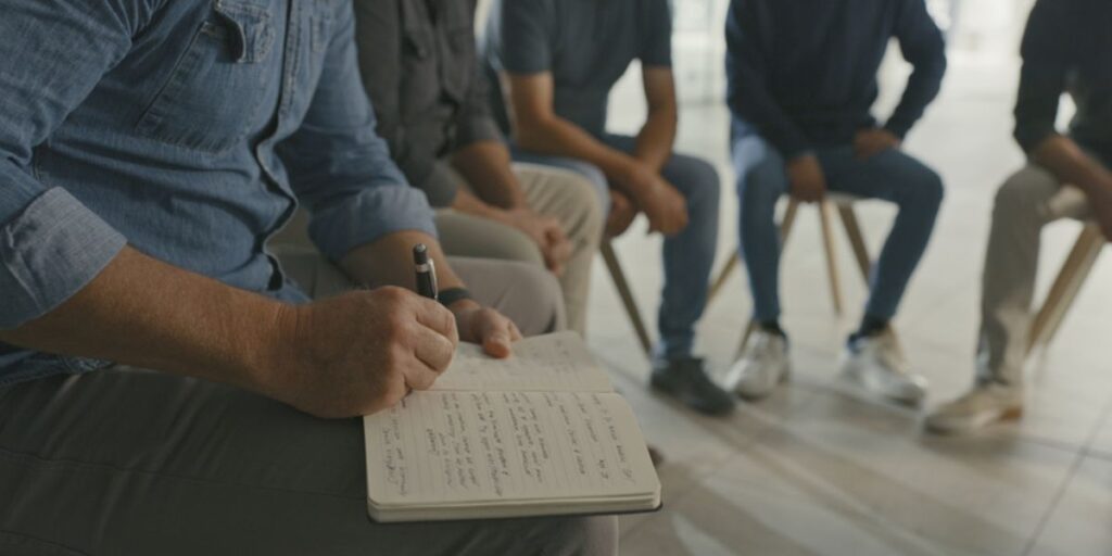 A group of people sitting in a circle with a man writing in a notebook, involving infection control teams in healthcare furniture selection.