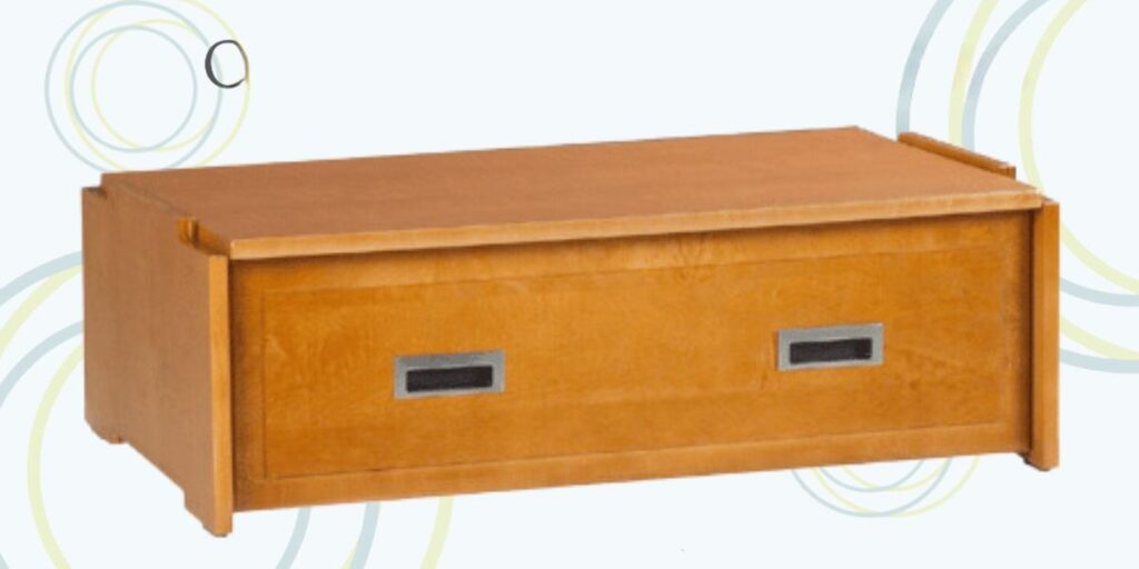 A compact, stackable wooden chest with two drawers, designed for flexible and space-saving storage solutions. Ideal for shelters.