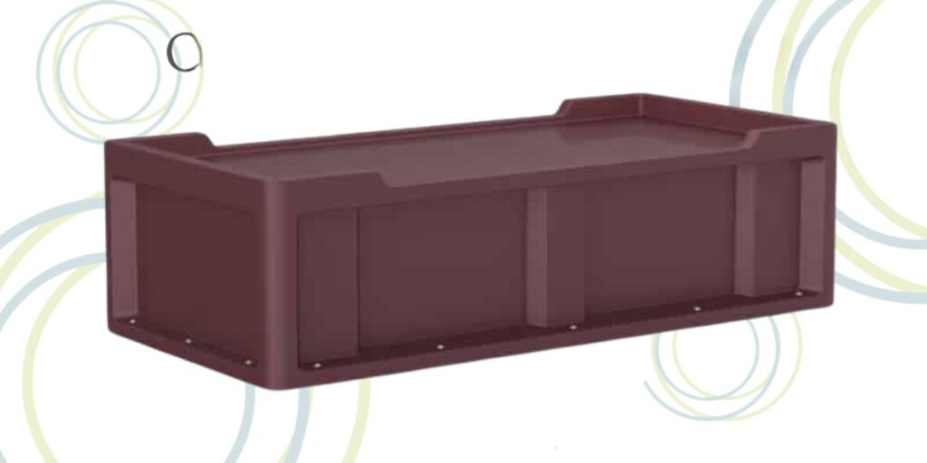 A durable brown plastic storage box with circular pattern, ideal for shelters needing low-maintenance, long-lasting solutions.