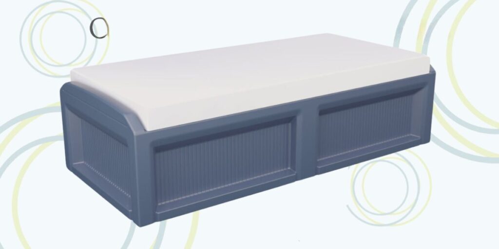 A blue bench featuring a white cushion, designed for comfort and durability in group home settings.