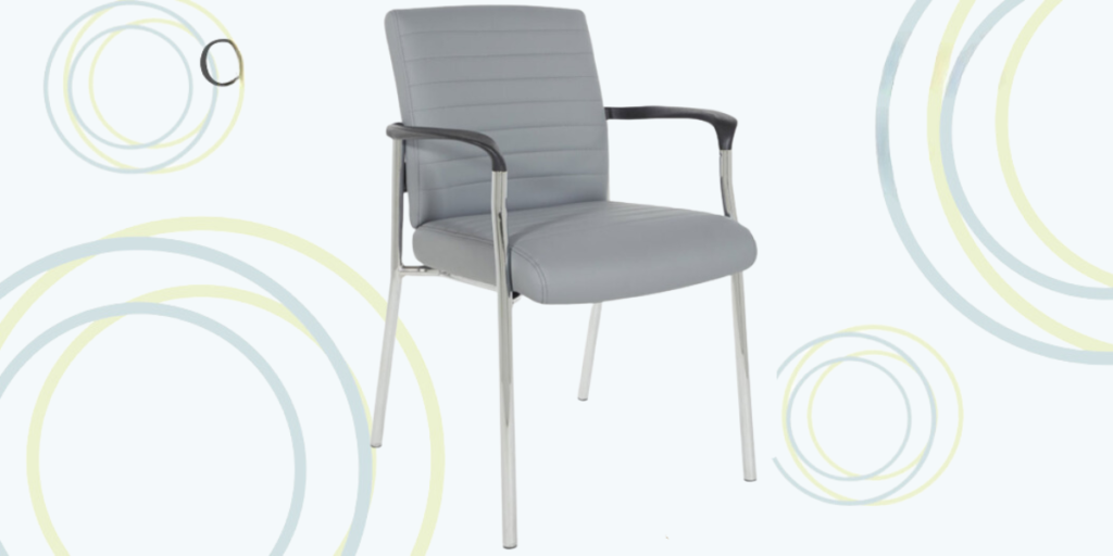 A grey chair with a chrome frame and arms, designed for comfort and durability in high-traffic areas.