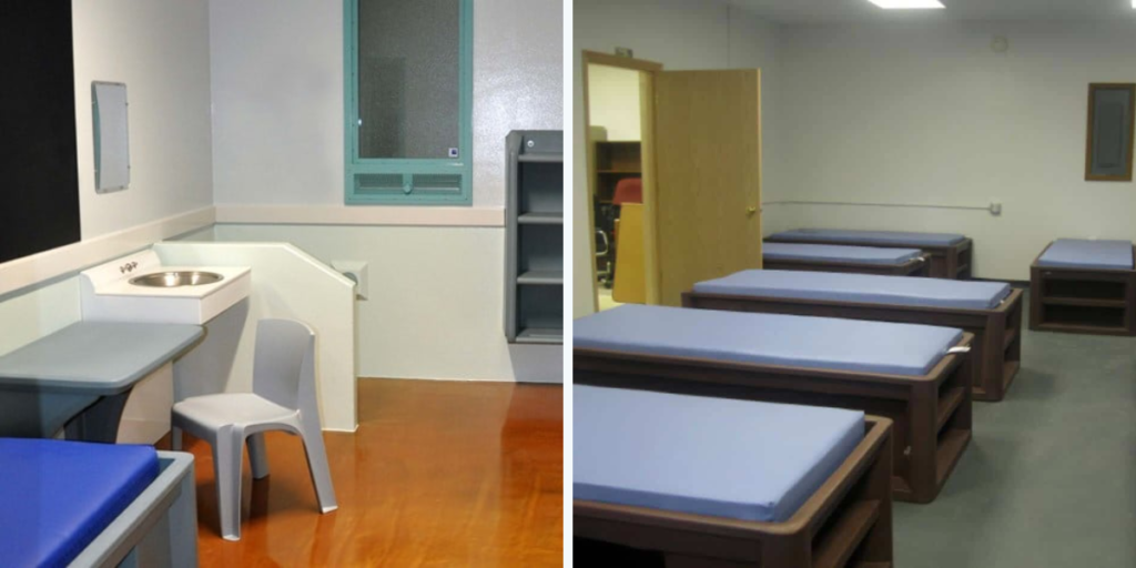 Image shows two views of a room featuring beds and a sink, highlighting a functional and modern healthcare environment.