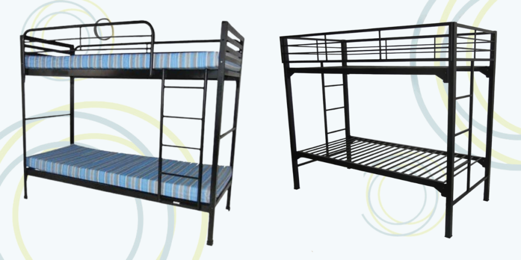 Two metal bunk beds with blue and black stripes, featuring guardrails and sturdy ladders for safety in group homes.