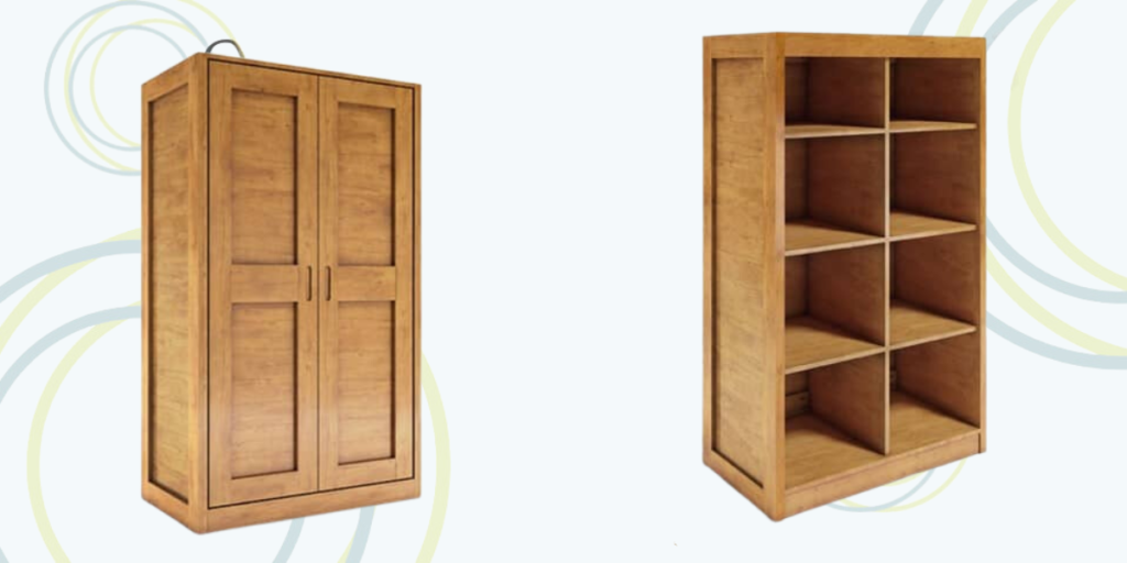 Two wooden cabinets featuring open shelves and a door, designed for versatile storage in dynamic environments.