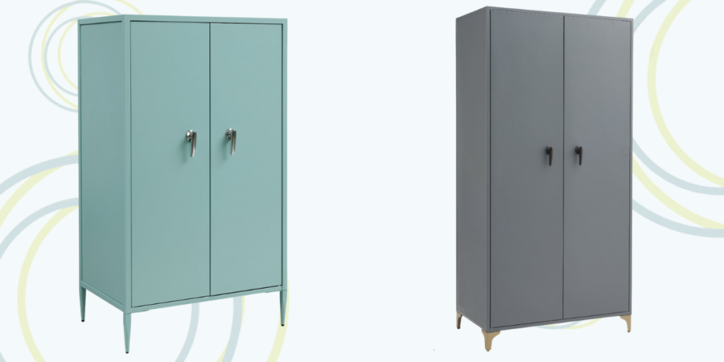 Two metal storage cabinets in contrasting colors, showcasing a blend of functionality and aesthetic appeal.