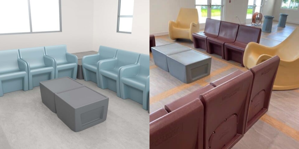 A vibrant room featuring chairs and tables in various colors, suitable for dynamic environments like waiting areas.