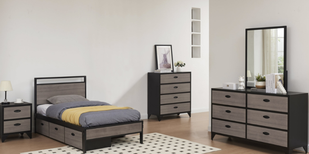 A cozy bedroom featuring a bed, dresser, and mirror, designed for comfort and functionality in a shelter environment.