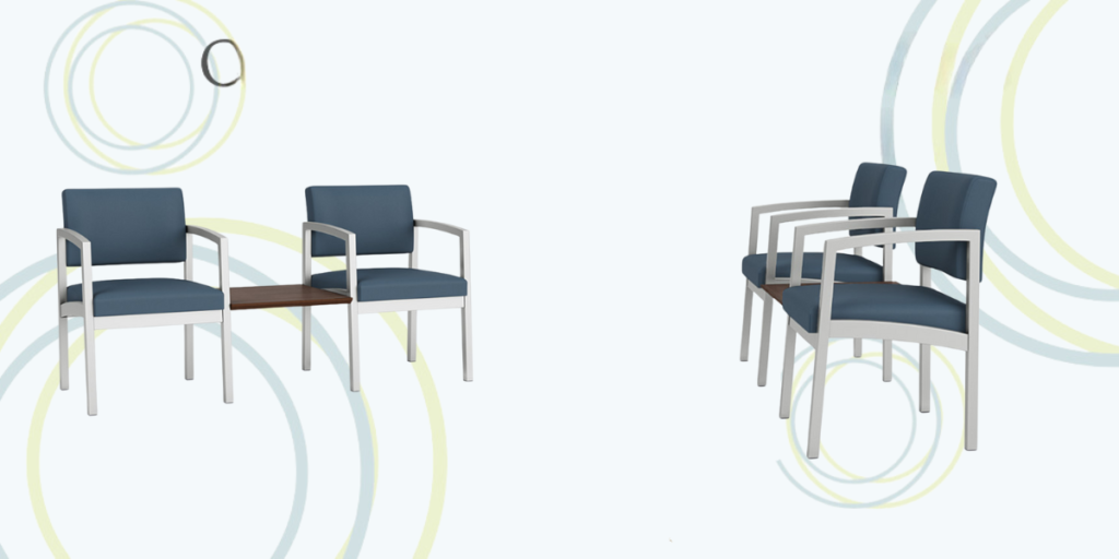A group of steel-framed chairs arranged around a table, ideal for shelter homes seeking durable and cost-effective seating solutions.