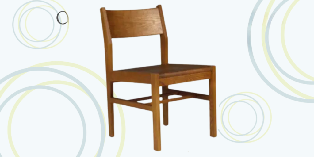 A wooden chair featuring a simple design with a smooth seat and backrest, showcasing natural wood grain.