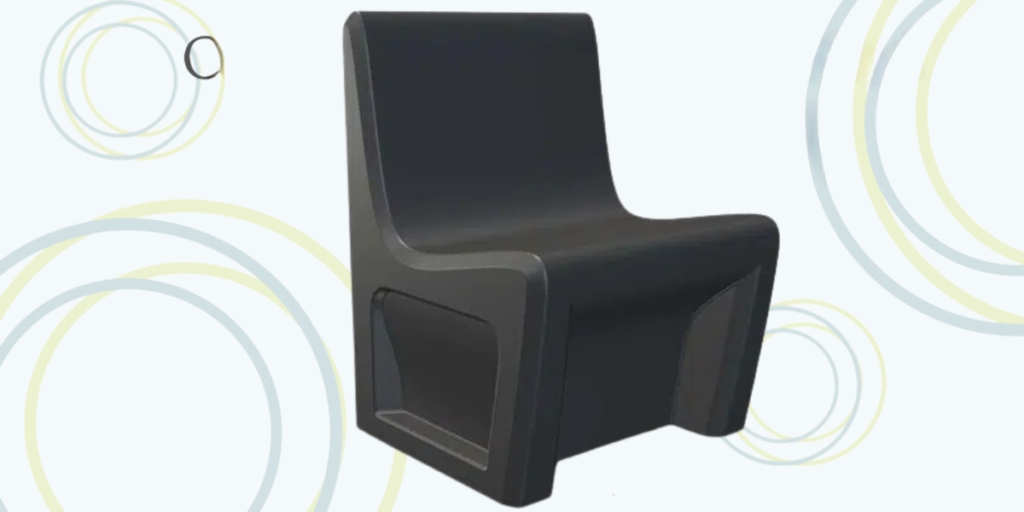 A black plastic chair featuring a distinctive circular design, showcasing modern aesthetics and functional simplicity.