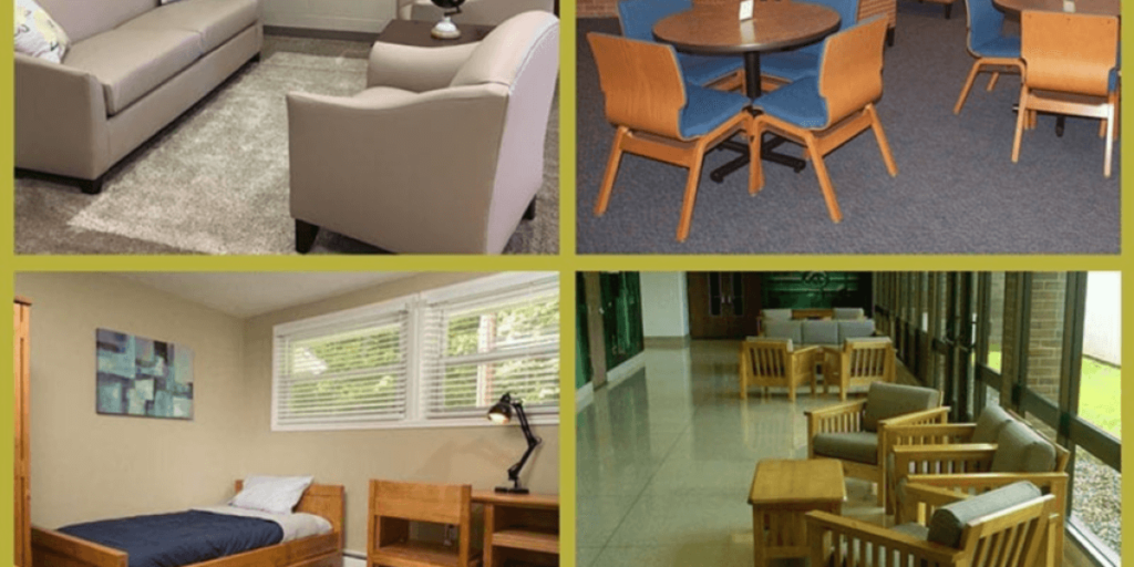 Four images showcasing various furniture pieces arranged in a room, highlighting bulk purchasing options for human service programs.