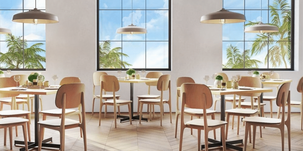 A restaurant interior featuring tables and chairs arranged near large windows, emphasizing a bright and inviting atmosphere.