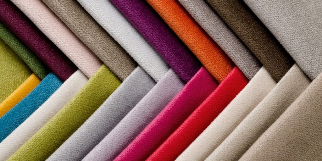 Colorful fabric samples arranged in a row, showcasing various hues for intentional use in meeting room design.

