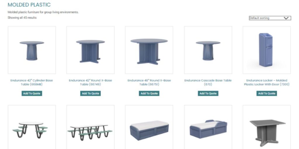 Screenshot of a website displaying various molded plastic nightstands for care facilities by Furniture Concepts.