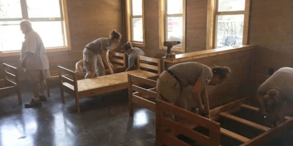 People assembling wooden beds in a room, focusing on easy-to-clean materials for healthcare environments.