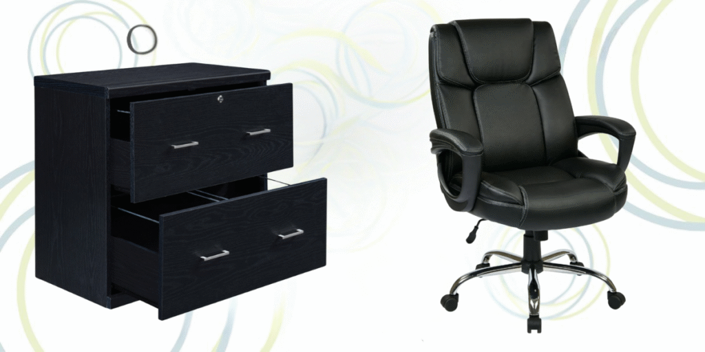 Black and white office furniture showcasing therapeutic chairs and desks designed for professional therapy environments.