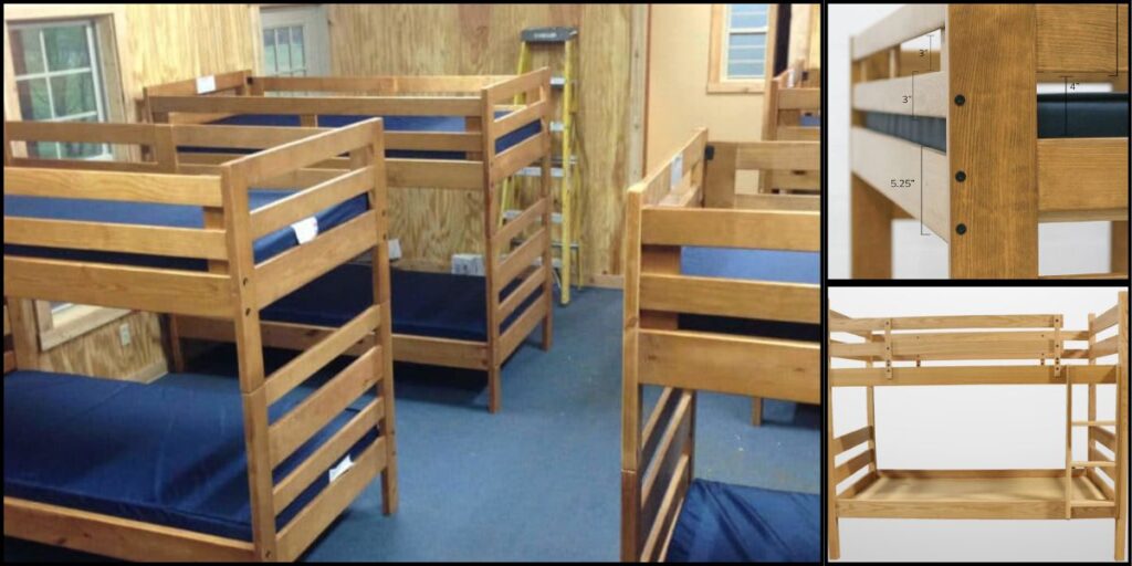 Collage of bunk beds and a single bed with a mattress, illustrating various sleeping arrangements for shared spaces.