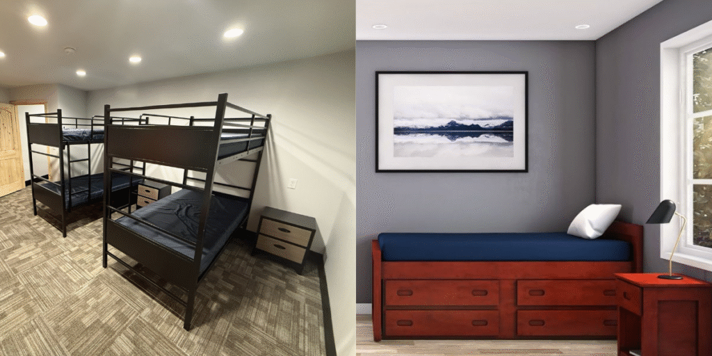 Two images of a bedroom featuring bunk beds and a desk, illustrating options for space-saving furniture arrangements.