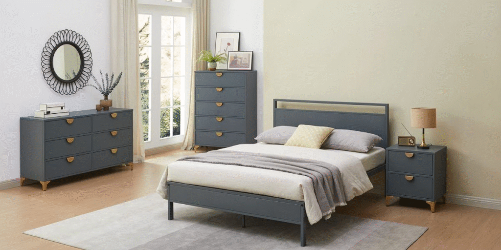 A cozy bedroom featuring a bed, dresser, and nightstand, designed for mission-driven spaces by Furniture Concepts.