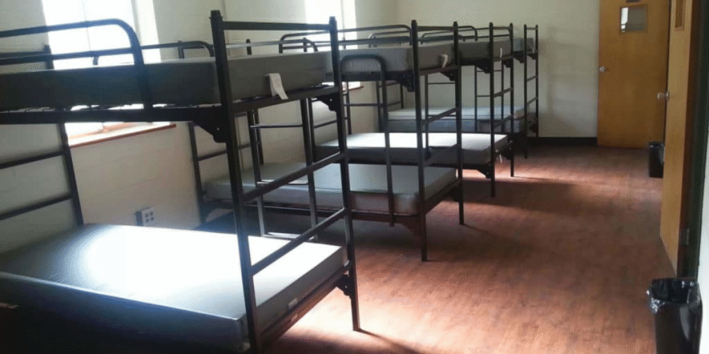 A row of bunk beds in a room with a door, highlighting essential furniture for human services organizations.