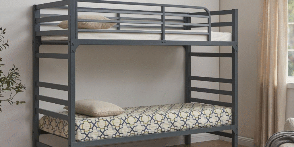 Bunk bed with a lower bed and a chair, suitable for behavioral health and human services environments.